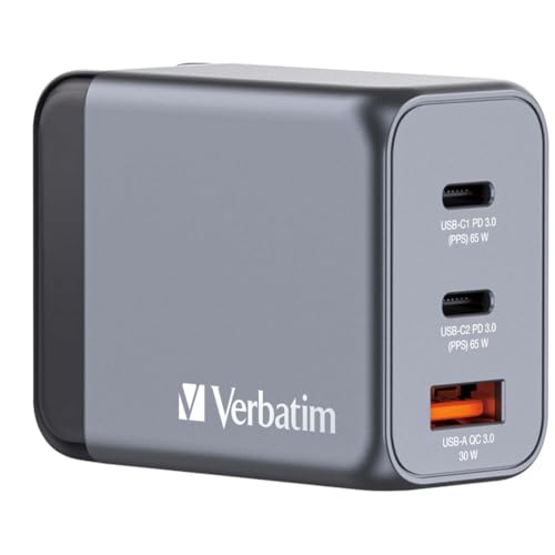 Produktbild: verbatim gan charger 65 w, 3 ports usb-c und usb-a, ladestation für macbook, iphone, samsung