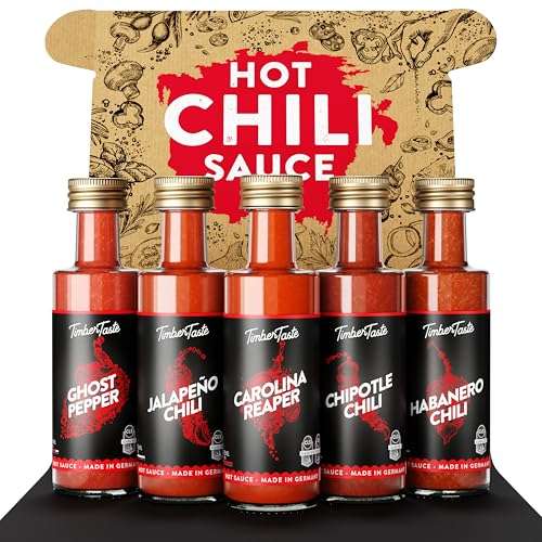 chili sauce geschenkset von timber taste, 5 x 40 ml, scharfe soßen grill box