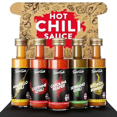 chili sauce geschenkset von timber taste, 5 x 40 ml, scharfe soßen für männer und frauen