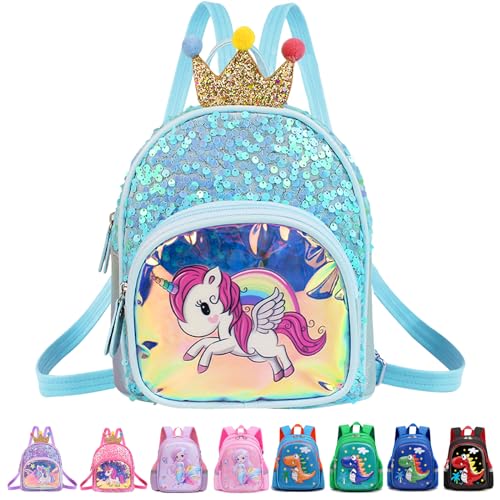 youyike einhorn rucksack kinder, blau kindergartenrucksack mit krone pailletten 2-5 jahre