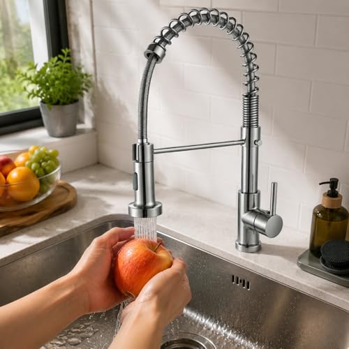 Küchen Wasserhahn Federhahn gebürstet mit Pull Down Sprühkopf 360 Drehung