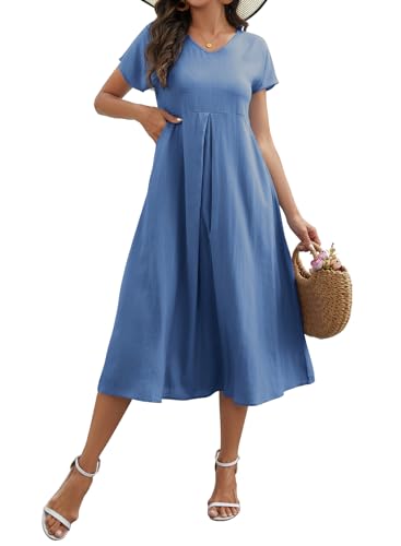 sommerkleid damen leinenkleid v-ausschnitt a-linie mit taschen blau größe m