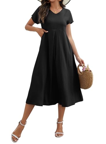 sommerkleid damen leinen v-ausschnitt strandkleid große größen kurzarm schwarz, l