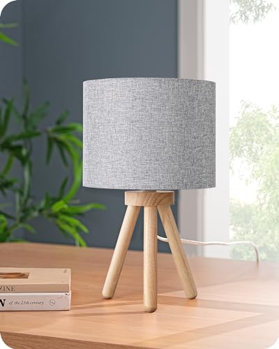 EDISHINE nachttischlampe holz vintage, tischlampe retro landhaus mit leinenlampenschirm, grau