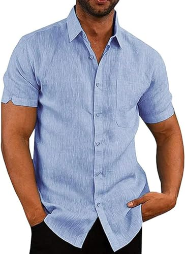 Leinenhemd Herren Kurzarm Baumwolle Casual Sommer Himmelblau Regular Fit