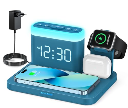 anajnk 5-in-1 wecker mit kabelloser ladestation, induktiver ladestation für iphone, samsung, apple watch