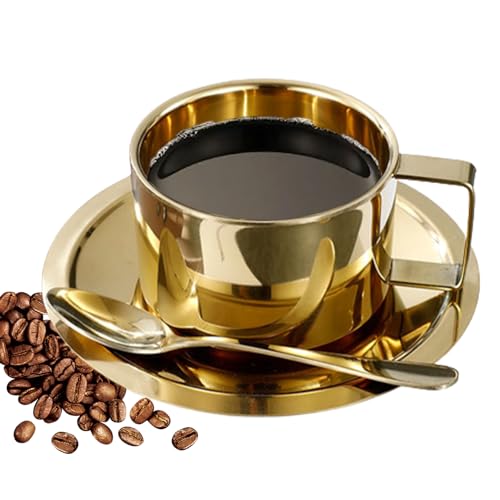 kaffeetassen set edelstahl doppelwandig 200 ml mit löffel und untertasse gold