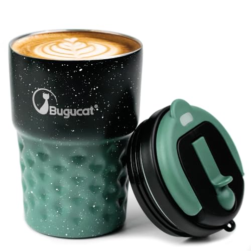 Bugucat Edelstahl Thermobecher 360ML, Doppelwandiger Isolierbecher mit Strohhalm für Kaffee, Tee und Wasser, Grün