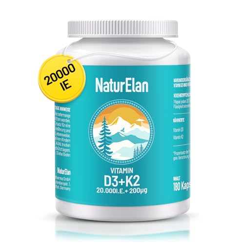 Vitamin D3 20.000 IE, Vitamin K2 MK7, hochdosiert, Premium-Qualität, für optimale Gesundheit, 180 Kapseln