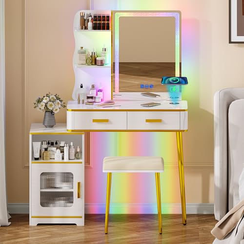 lvifur schminktisch mit rgb led-beleuchtung, spiegel, hocker und usb anschluss