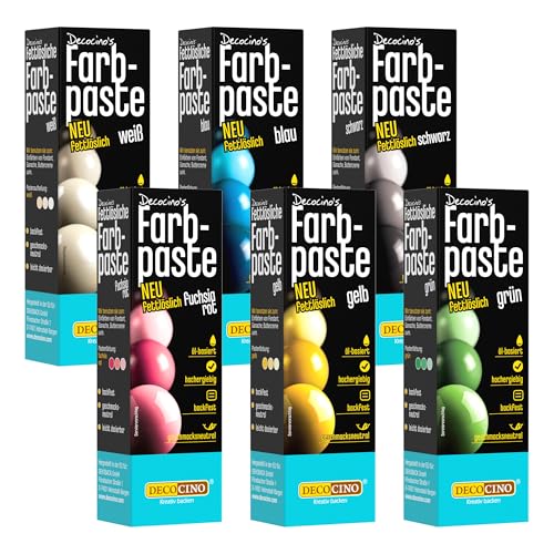 Decocino 6er Set Lebensmittelfarben fettlöslich in Rot, Weiß, Grün, Gelb, Blau, Schwarz