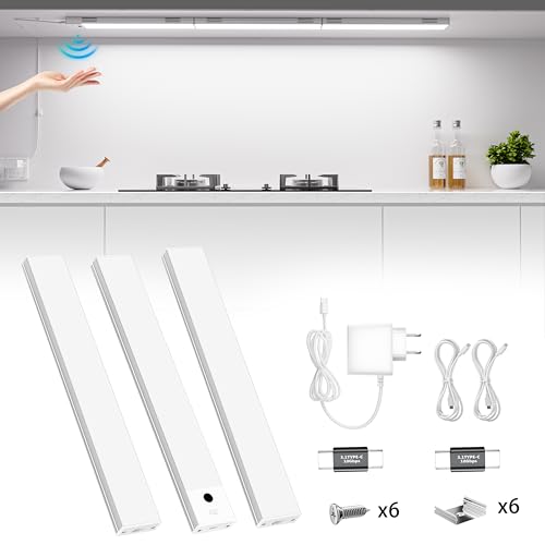 TOPPLEE Unterbauleuchte LED 30cm, 3 Stück, dimmbar, 1100lm kaltweiß 6000K, berührungsfreier Sensor für Küche, Werkbank, Schreibtisch