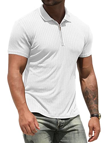 nitagut poloshirt herren slim fit workout t-shirt reißverschluss sport golf tennis weiß XL