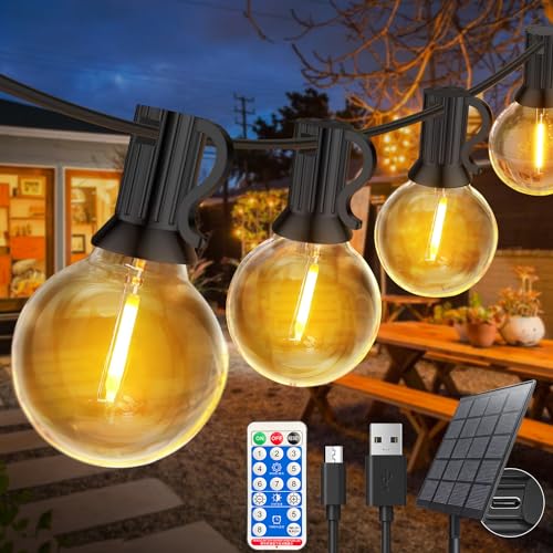 solar lichterkette außen 15m mit 25 g40 led glühbirnen, ip65 wasserdicht, usb-solar, 8 modi, fukooole