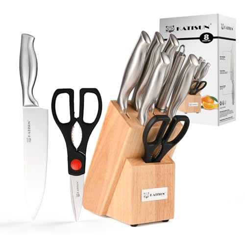 katisun messerset 8 teilig, japanischer stahl 420j2, edelstahl kochmesser mit holzblock