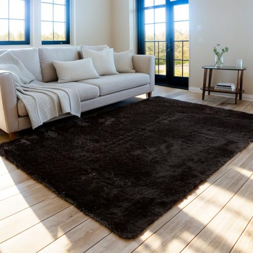 QUINZI Teppich schwarz 160x230 weich flauschig rutschfest waschbar für Wohnzimmer Schlafzimmer