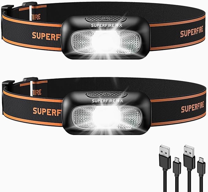 SuperFire LED Stirnlampe wiederaufladbar 2 Stück USB Rot-Blinklicht 5 Modi