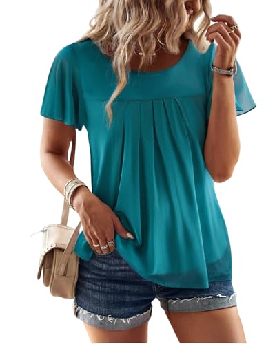 zeagoo chiffon bluse damen kurzarm rüschenärmel tunika tops türkis L