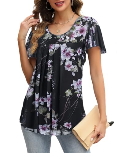 zeagoo damen bluse kurzarm rüschenärmeln tunika rundhals plissiert sommer xl