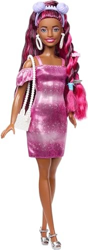 Barbie-Puppe Fun & Fancy-Haar, extralanges schwarzes Haar, pinkes Kleid, JDC86