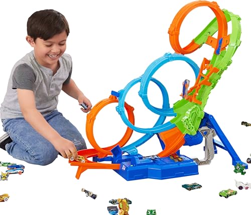 hot wheels spielzeugauto trackset mit 4 loopings, 3-spuriger crash-zone, 1:64