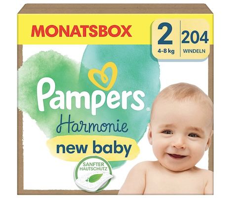 pampers baby windeln größe 2, 204 stück, 4-8 kg, ab 44 euro, statt 52 euro