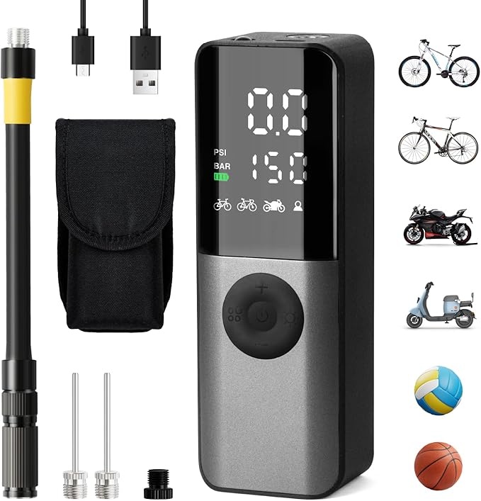 elektrische fahrradpumpe mini 150PSI mit digitalem druckmessgerät, aufladbar für fahrrad und motorrad