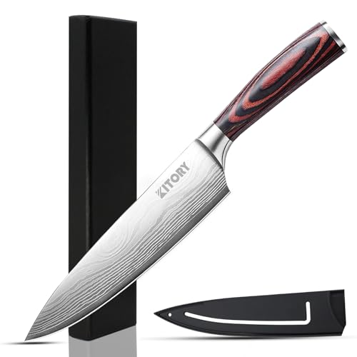 kitory kochmesser 20 cm scharf klinge, profi küchenmesser mit holzgriff, schutzhülle