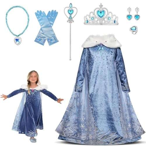 elsa kostüm mädchen 7-teiliges prinzessin kleid mit umhang für 2-8 jahre