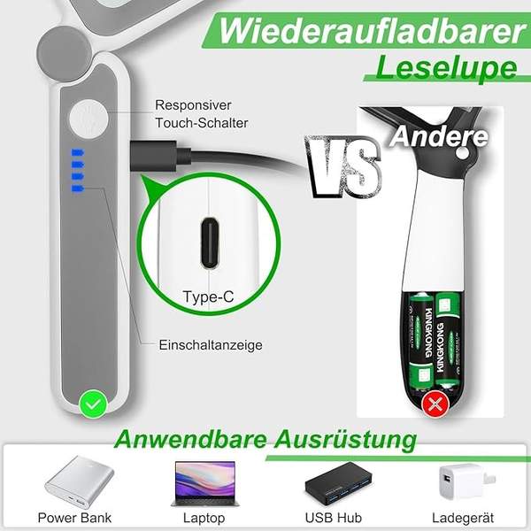 Wiederaufladbares Vergrößerungsglas 4-fach mit Licht für Sehbehinderte Senioren
