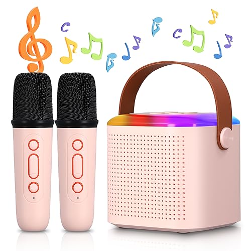 karaoke maschine kinder tragbarer bluetooth lautsprecher mit led licht und 2 mikrofonen rosa