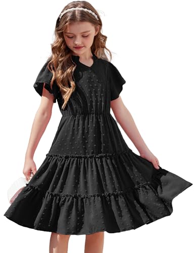 arshiner mädchen kleid chiffonkleid kurzarm v-ausschnitt schwarz sommerpartykleid 9-10 jahre