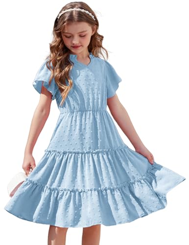 Arshiner Mädchen Kleid Blau V-Ausschnitt Rüschenärmel Kurzarm Midikleid 3-4 Jahre