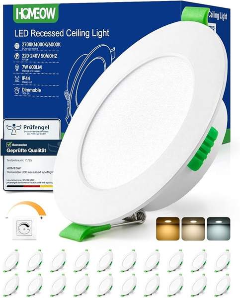HOMEOW 20er Set LED Einbaustrahler 7W dimmbar 75-90mm IP44 Warm-/Neutral-/Kaltweiß