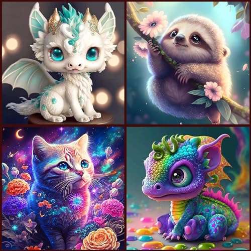 keyranke diamond painting set tiere für kinder und erwachsene, katze, faultier, drache, dinosaurier 30x30cm