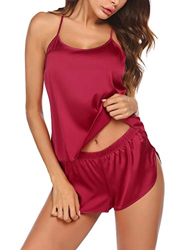 Produktbild: ekouaer satin schlafanzug damen kurz pyjama set sexy ärmellos a-weinrot xl