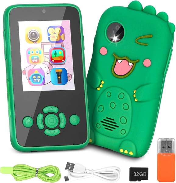 HIGSPE 2.4" Dinosaurier Kinderkamera, 1080P HD Dual-Kamera, 32GB TF-Karte, Spielzeug-Handy für 6-12 Jahre Jungen Mädchen