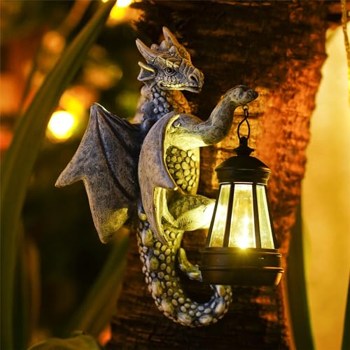 yeomoo drachen figuren mit solarlampen, gartendeko für draußen, grau