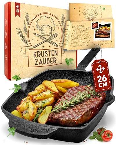 Krustenzauber 26cm gusseisen grillpfanne induktion - geriffelt, stilgriff, bratpfanne