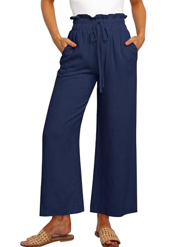 Cindeyar leinenhose damen hoch geschnitten casual sommer palazzo mit taschen dunkelblau S