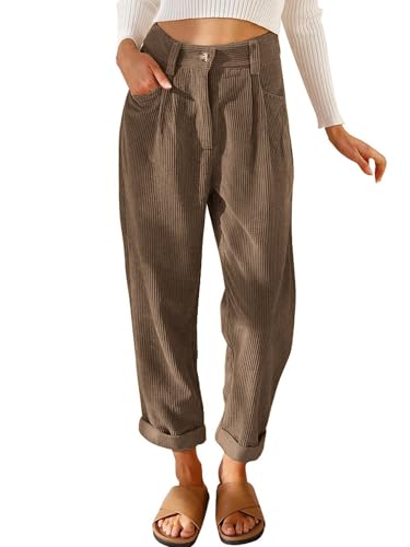 cordhose damen high waist tapered, einfarbig baumwolle, freizeithosen mit taschen (braun, m)