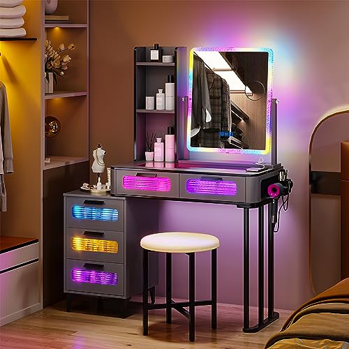 lvifur rgb schminktisch mit kabellosem laden, usb, 5 schubladen, gepolsterter hocker