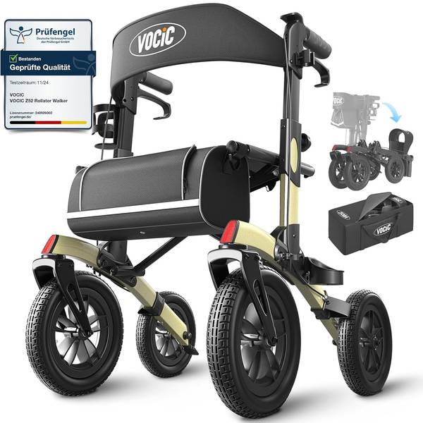 VOCIC Z52 Outdoor Rollator leicht, 2-fach faltbar, mit Sitz, All Terrain
