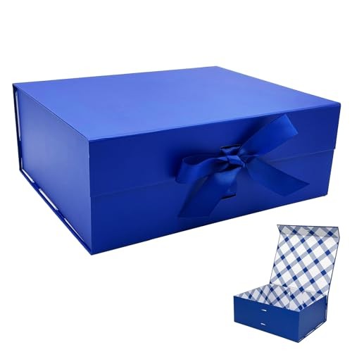 Tekhoho große Geschenkbox Blau 33.5x27x12.5 cm, Magnetdeckel, Schleife, kariert