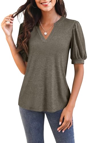 gegekoko damen t-shirts kurzarm v-ausschnitt puff sleeves olivgrün s sommer tops