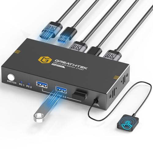 8K HDMI KVM Switch 2 PC 1 Monitor USB 3.0 Switch mit Controller und Kabeln