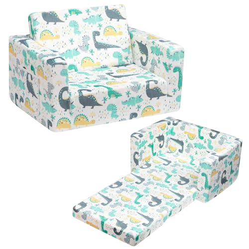 bejoy kinderschlafsofa 2 in 1 ausklappbar, kinder couch flanell, weiß mit dino