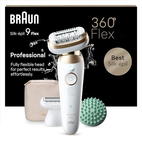 braun silk-pil 9 flex epilierer mit 360 kopf, rasieraufsatz, 5 extras, weiß/gold