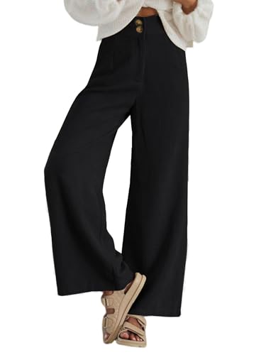 cordhose damen high waist weites bein schwarz mit taschen und knöpfen, imuedaen L