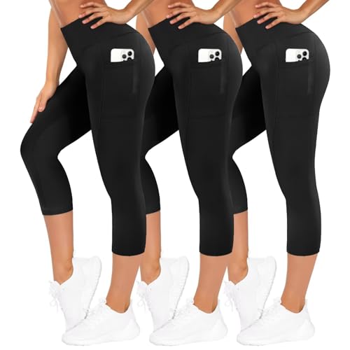tnnzeet 3er pack leggings damen capri 3/4 sporthose mit taschen schwarz l-xl